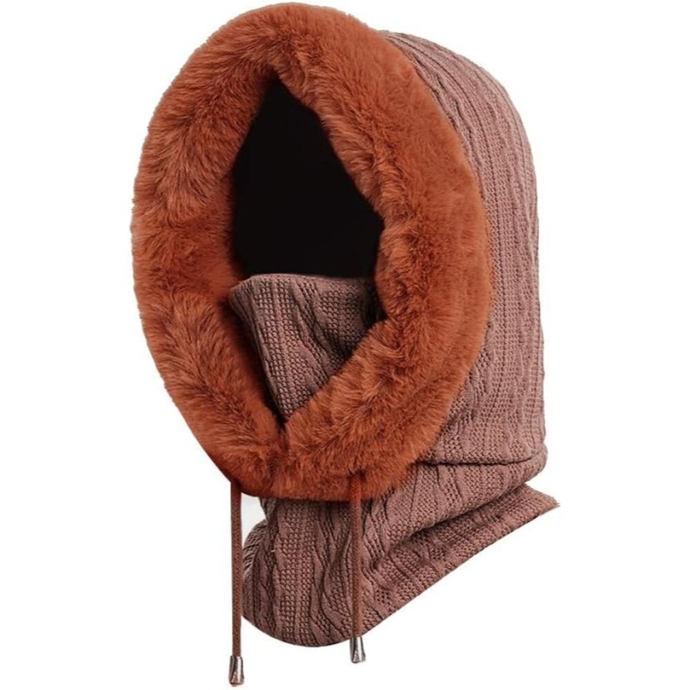 Women Coffee Polyester Warm Thick Fluff Beanie Adult Neck Face Winter Balaclava